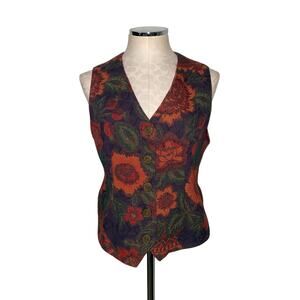 Vintage Ruff Hewn Floral Tapestry Sleeveless Rust Red Vest Waistcoat Size Medium